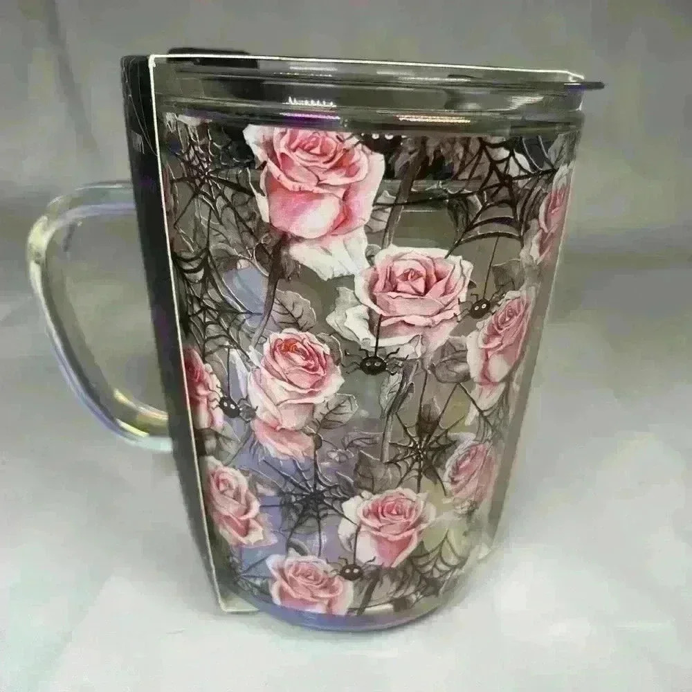 Glass Halloween travel sipper lid mug with‎ pink roses cob webs little spiders